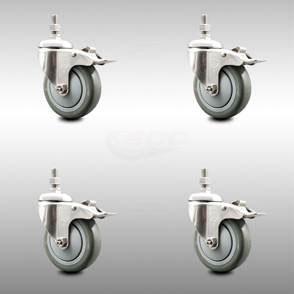 Service Caster 4 Inch 316SS Gray Polyurethane Wheel Swivel 10mm Stem Caster Set Lock Brake SCC-SS316TSTTL20S414-PPUB-M1015-4 - main